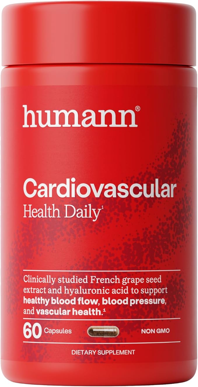 Humann Cardiovascular Health Daily, 4-in-1 Vascular & Blood Pressure Support, Grape Seed Extract Capsules & Hyaluronic Acid Circulation Supplements, Plant-Based Non-GMO, 60 Capsules