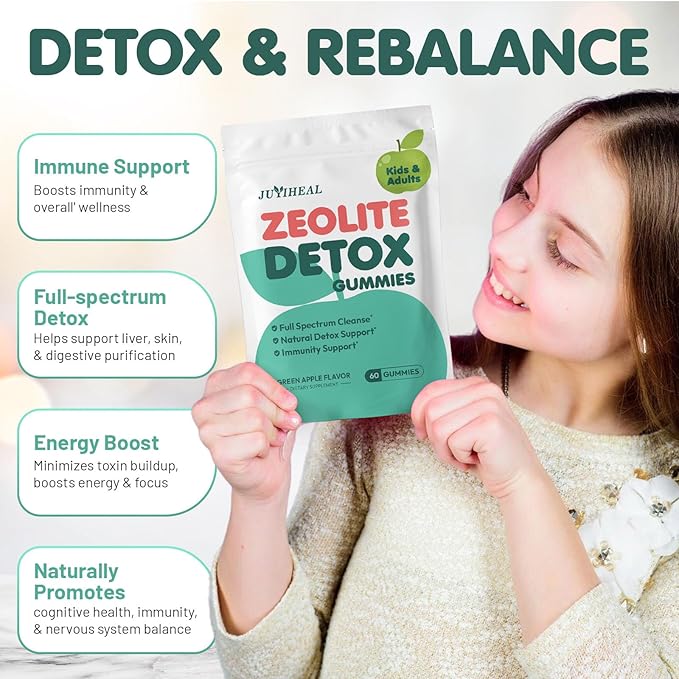 Zeolite Detox for Kids & Adults, 350mg Zeolite & 300mg Chlorella Detox Gummies, Detox Chewables Gentle Body Toxin Cleanse, 60 Gummies, Green Apple