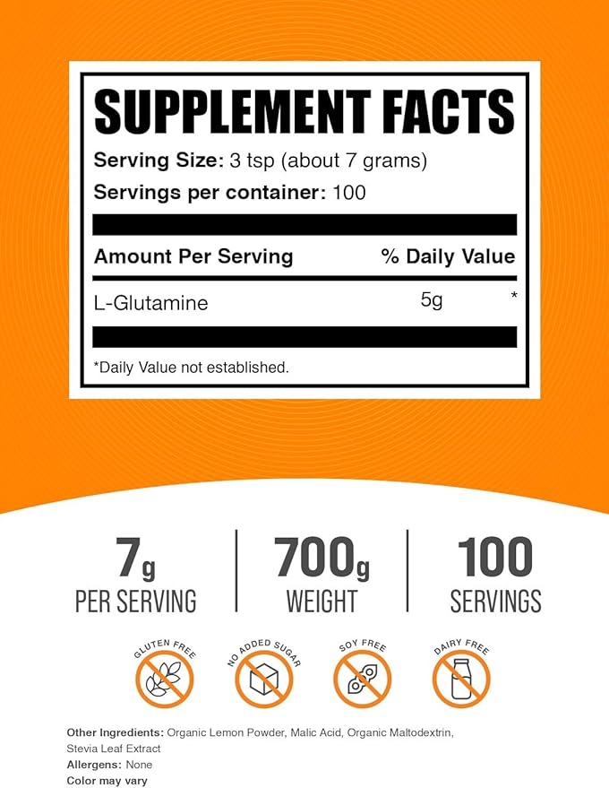 BulkSupplements.com L-Glutamine Powder - Glutamine Supplement, Amino Acid Supplement - Lemon Italian Ice Flavor, 7g per Serving, 700g (1.5 lbs) (Pack of 1)