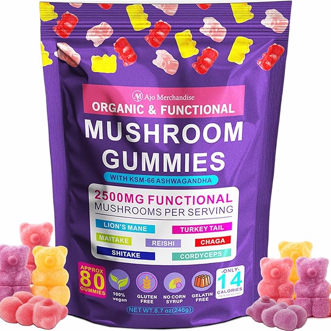 Mushroom Gummies with Ashwagandha, Lion’s Mane, Reishi, Cordyceps, Turkey Tail, Maitake, Shiitake & Chaga, Vegan Mushroom Supplement Gummy, Gluten Free, Mixed Fruit Flavor, 80 Count