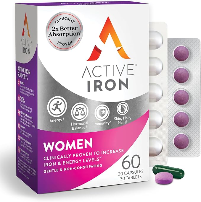 Active Iron Supplement 25mg + Multivitamin for Women, Clinically Proven to Increase Iron & Energy Levels, Maximum Absorption, Gentle, Non-Constipating, 30 Capsules + 30 Tablets in On-the-Go Foil Packs