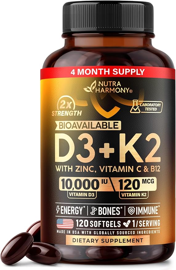 Vitamin D3 K2 - Vitamin D3 10000 iu & K2 120 mcg - Immune & Mood Support, for Bone & Teeth Health - with Zinc, Vitamin C & B12 - Highly Bioavailable - For Men & Women - Made in USA, 120 Softgels