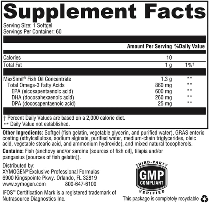 XYMOGEN Omega MonoPure 1300 EC - Heart & Brain Support - DHA & EPA Omega-3 Fish Oil - Monoglyceride High Absorption Softgels - Enteric Coated - 60 Softgels