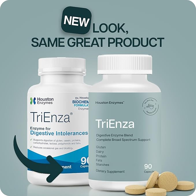 Houston Enzymes TriEnza - Digestive Enzyme Supplement for Gluten, Casein, Soy, Proteins, Carbohydrates, Fats & Polyphenols - Digestive Enzymes for Women & Men (180 Chewable Tablets)