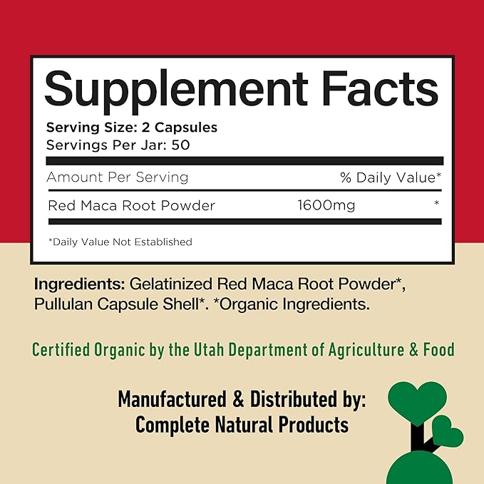 Organic Red Maca Root Capsules 800mg - Gelatinized Red Maca Powder Supplement, Plant Based Vegetarian Pills, Non GMO Clean Formula, 100 Count Glass Bottle, Made in USA Certified Organic Supplement