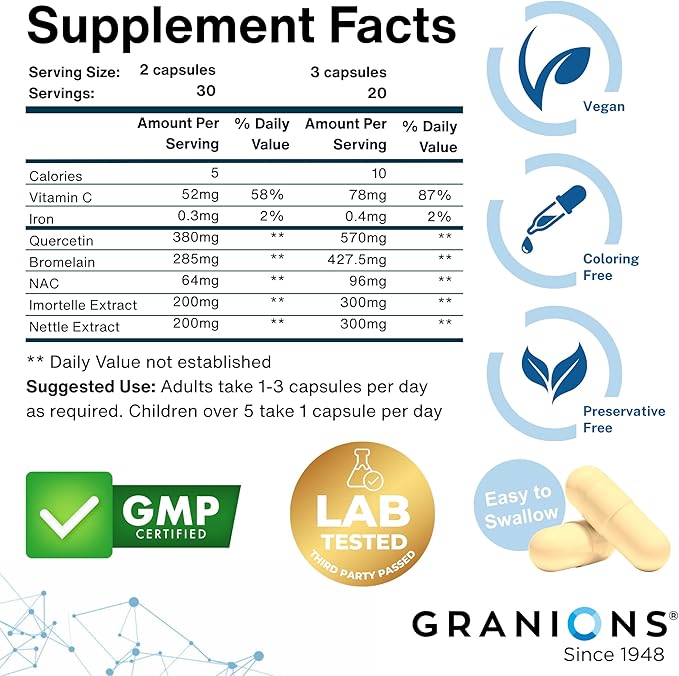 Granions Histamine Balance Complex - Quercetin with Bromelain, NAC and Vitamin C - D-Hist Seasonal Histamine Blocker & Immune Support Supplement for Adults and Children - 60 Vegan Capsules