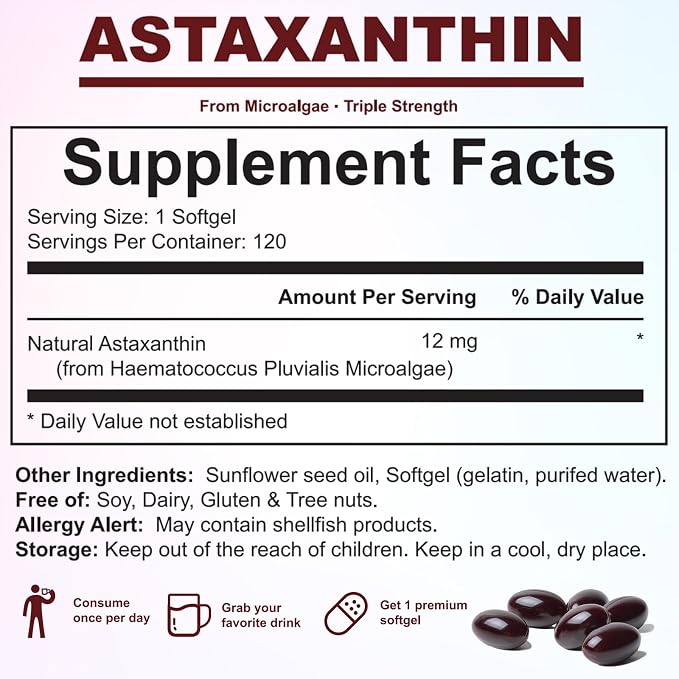 Astaxanthin 12mg Softgels - Premium Astaxanthin from Microalgae, Triple Strength, Immune Support - Non-GMO & Gluten Free 120 Softgels (1)