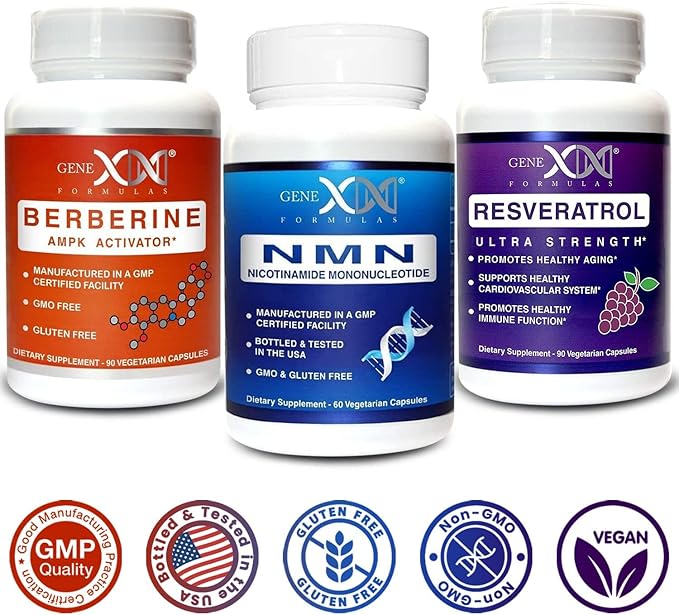 GENEX NMN, Resveratrol, and Berberine Power Pack Supplements | 250mg Nicotinamide Mononucleotide (NMN), Ultra Strength 500mg Resveratrol, & AMPK Activator Berberine 500mg for Healthy Aging (3 Bottles)