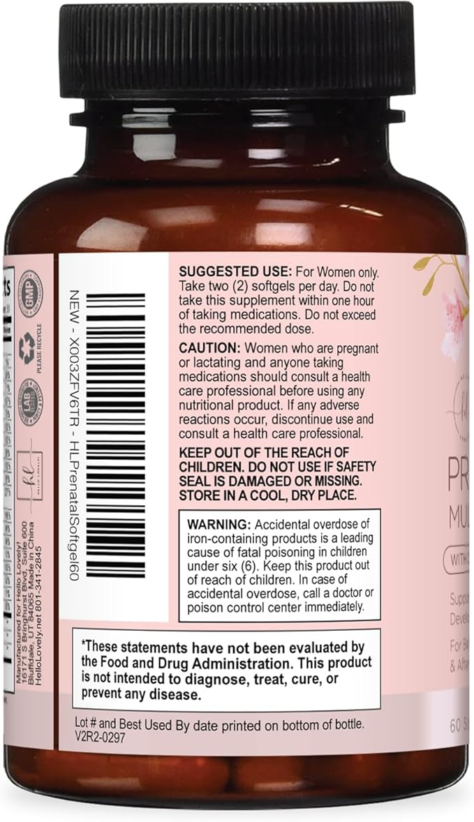 Prenatal Vitamins for Women - Prenatal Multivitamin with Folic Acid & Omega 3 DHA Fetal Development Support - Pregnancy Vitamin Supplement with, Vitamin A, C, D, B6, B12 & Iron - 60 Softgels