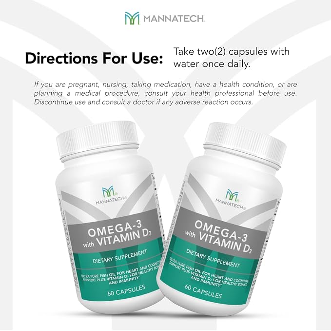 Mannatech Omega-3 with Vitamin D3 for Bone, Heart Health and Cognitive Support, Made of Pure Fish Oil