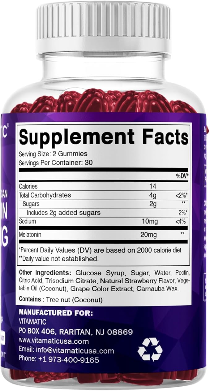 Vitamatic Melatonin 20mg Gummies for Adults, 30 Servings - 60 Count - Non-Habit Forming Supplement (Pack of 2)
