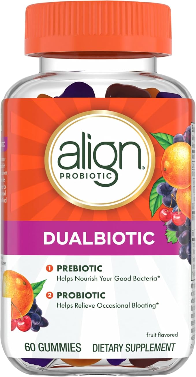 Align Dualbiotic, Prebiotics and Probiotics for Women and Men, Probiotics for Digestive Health, Prebiotics Help Nourish Good Bacteria, Natural Fruit Flavors, 60 Probiotic Gummies