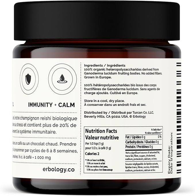 Erbology Organic Reishi Mushroom Powder 50 Servings - 21% Beta-glucans - Immunity Support - Ganoderma Lucidum - Small Batch - Sustainably Grown in Europe - Vegan - Non-GMO - No Added Fillers