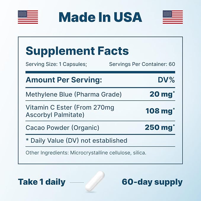 Ultimate Methylene Blue Pharmaceutical Grade 20mg (USP) Methylene Blue Capsules for Humans | Memory Supplement and Brain Booster Supplement | Focus Fuel and Memory Vitamins Energy Pills | 60 Servings