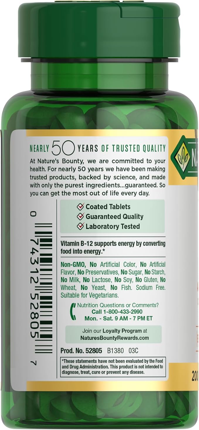Nature's Bounty Vitamin B12 1000 mcg Supplements,Supports Energy Metabolism,200 Ct,(Pack of 2)