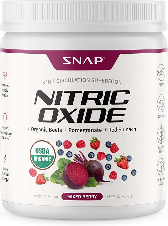 Snap Supplements Organic Beet Root Powder Nitric Oxide Supplement for Men & Women, Red Spinach & Pomegranate, Supports Healthy Energy & Blood Pressure Already in Normal Range, 30 Servings, Mixed Berry