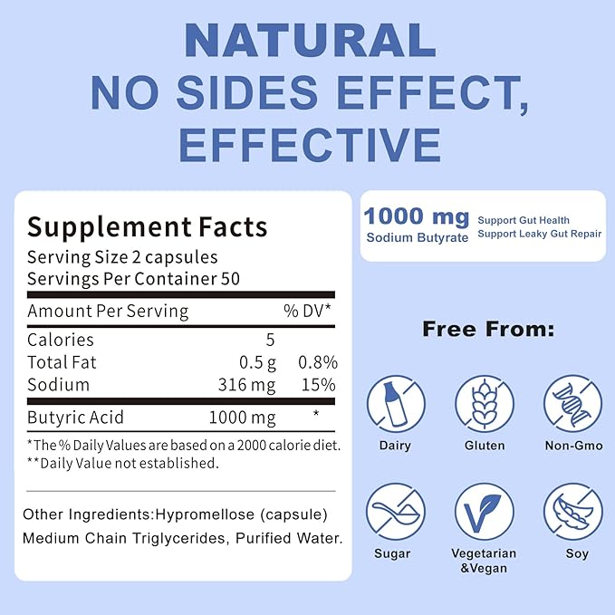 Sodium Butyrate Supplement – Postbiotic for Gut Health, Supports Digestion, IBS, Leaky Gut & Stomach Comfort – Low Odor, Easy to Swallow, No Side Effects – 100 Vegan Capsules