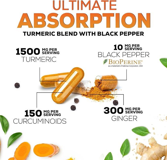 Turmeric Curcumin Supplement - 95% Curcuminoids with Organic Turmeric & Ginger, BioPerine Black Pepper Extract for Best Absorption, Natural Vegan Joint Support, Non-GMO, Bottled in USA - 240 Capsules