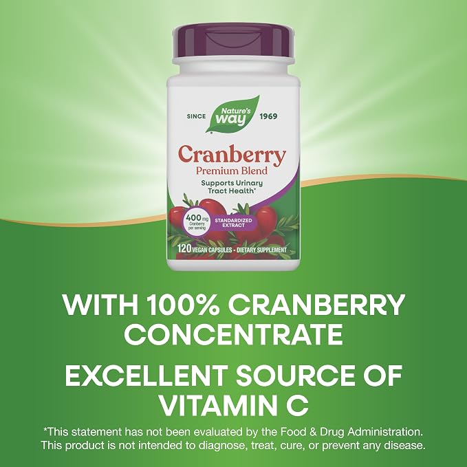 Nature's Way Premium Blend Cranberry, Urinary Tract Health Support*, with 100% Cranberry Concentrate, 400 mg Per Serving, 120 Capsules (Packaging May Vary)