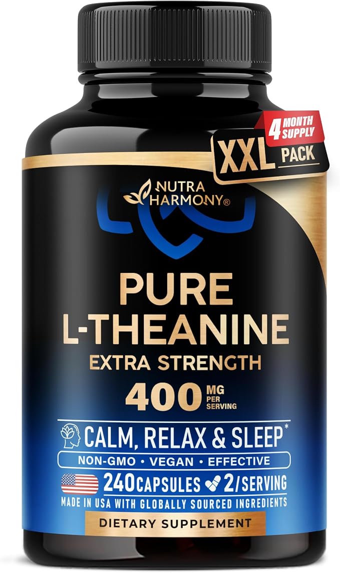 L Theanine 400 mg | L-Theanine Stress Relief | Extra Strength Supplement | Made in USA | Relaxation, Sleep & Calm Support | For Men & Women | Plant Based, Non-GMO & Gluten-Free | 240 Vegan Capsules