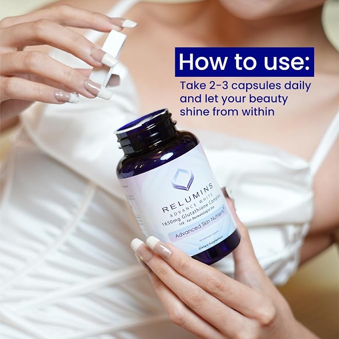 Relumins Advanced White Set - 1650mg Glutathione Complex (90 Capsules) and Advanced Vitamin C with Rose HIPS and Bioflavonoids (60 Capsules) Bundle, 1 Month Supply