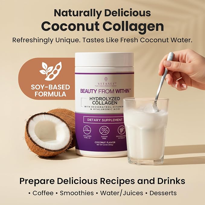 VITASEI Hydrolyzed Collagen Peptides Powder with Resveratrol & Vitamin C – Hair, Skin & Joint Support – Colágeno Hidrolizado for Women & Men – Soy-Based Formula – Coconut Flavor, 16 oz (30 Servings)