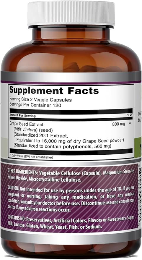 Amazing Formulas Grape Seed 800 Mg | Standardized 20:1 Extract | 240 Veggie Capsules |16000 Mg Equivalent | Non-GMO | Gluten-Free | Made in USA