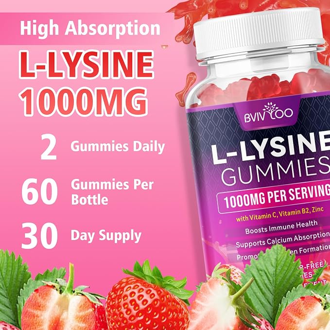 2 Pack L-Lysine 1000mg Gummies for Immune Support & Skin Health - High Potency Vegan Gummies, Sugar-Free, Natural Berry Flavor, Gluten-Free Chewable Supplement for Adults & Kids - 120 Gummiess