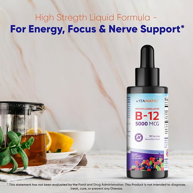 Vitamatic 2 Packs Fast Acting Liquid Vitamin B12 5000 mcg (Methylcobalamin) - Natural Berry Flavor - Sublingual Supplement - Faster Absorption - 2 OZ