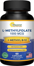 aSquared Nutrition L Methylfolate Plus Methyl B12 - Methylated Folate Supplement for Women & Men - 5-MTHF (Active Vitamin B9) 1000 mcg & B-12 1mg - B Complex - 60 Capsules