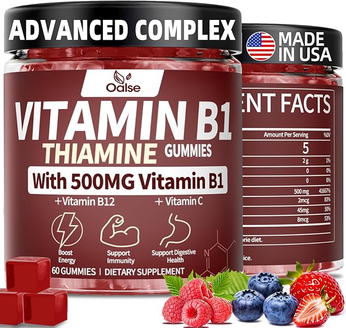 Thiamine Vitamin B1 Gummies - 500g Vegan Sugar Free Thiamine Supplement, with Natural Mixed Berries Flavor for Adults & Kids (60 Counts) Focus Supplement
