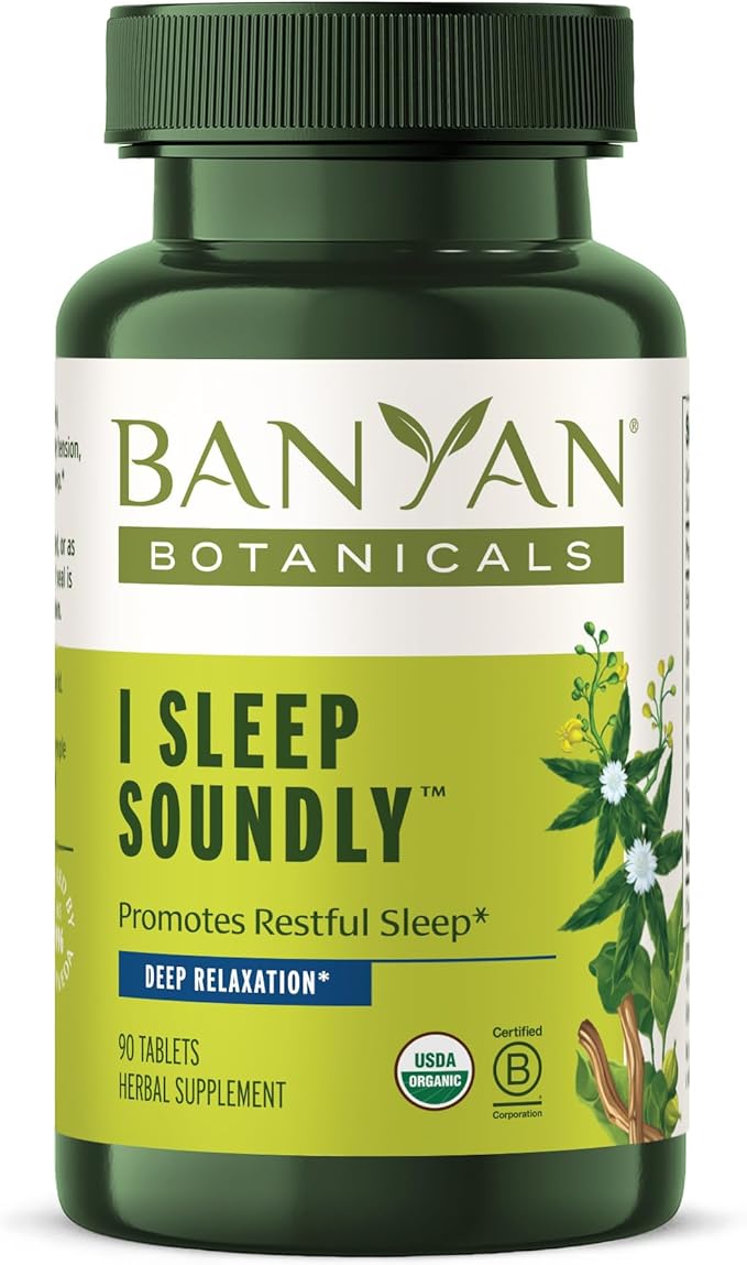 Banyan Botanicals I Sleep Soundly–Organic Deep Sleep Supplement –Natural Melatonin-Free Sleep Aid for Relaxation & Nighttime Tension–with Ashwagandha,Valerian & Chamomile-90 Tablets-USDA Organic