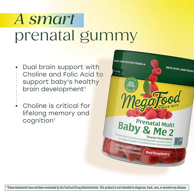 MegaFood Baby & Me 2 Prenatal Vitamins for Women Gummies with Folic Acid and Choline for Baby’s Brain Development; Plus Real Fruit- Red Raspberry Flavor - 60 Gummies (30 Servings)