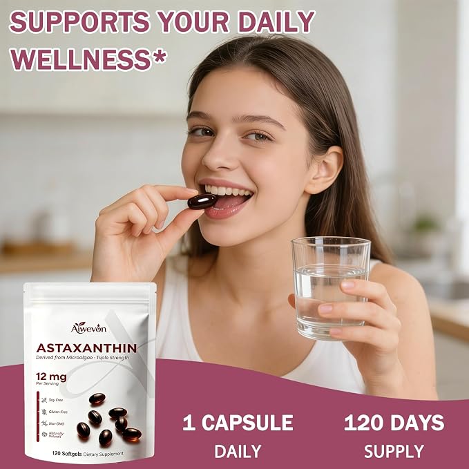 Astaxanthin Supplement 12mg Softgels, Natural Astaxanthin from Microalgae with MCT Oil for Absorption, Powerful Antioxidant Support for Skin Eye Heart Joint Health, Non-GMO Gluten Free, 120 Softgels