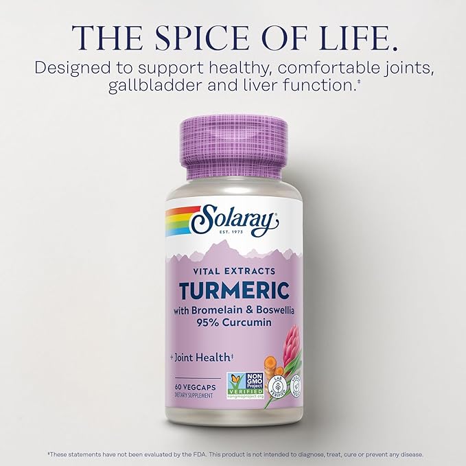 SOLARAY Turmeric Supplement with Bromelain and Boswellia, 95% Curcumin, Turmeric Curcumin Supplement for Joint Support, Gallbladder, Liver Support, Non-GMO, Vegan, 60-Day Guarantee, 60 Servings
