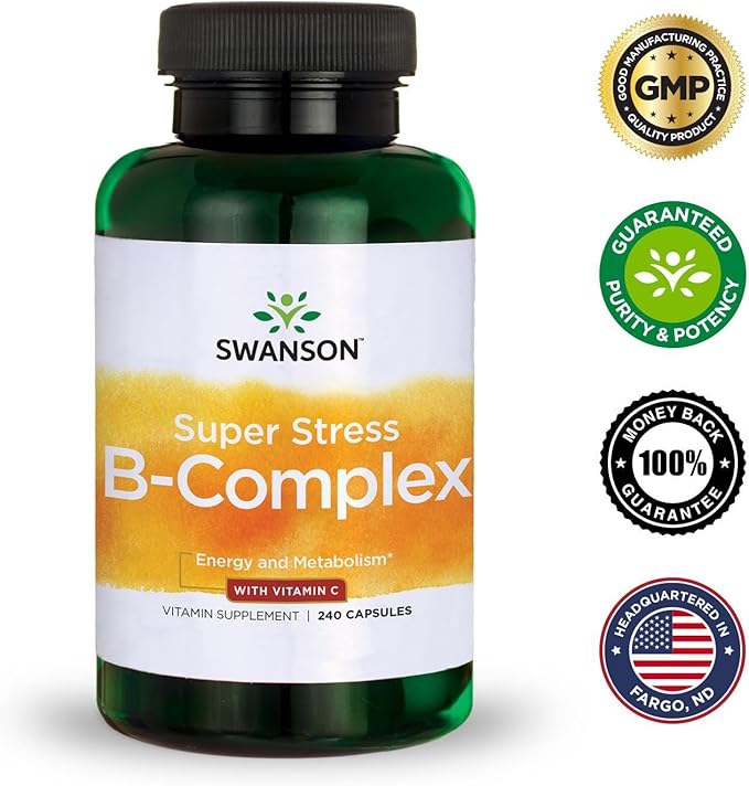 Swanson Super Stress B-Complex Energy and Wellness Supplement for Busy Adults Seeking Daily Vitamin B Support (240 Capsules)
