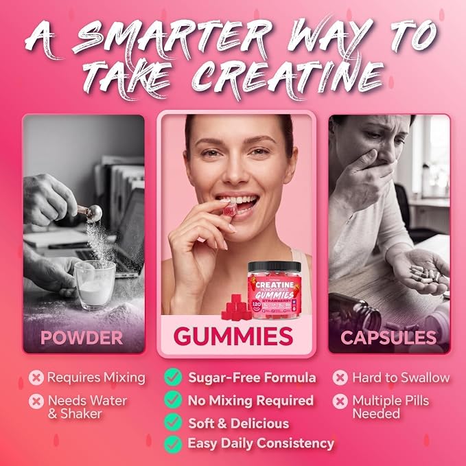 Creatine Monohydrate Gummies 5000mg for Women & Men - Creatine Gummies with B12, Supports Muscle Strength, Energy & Workout Recovery - Strawberry Flavor, Sugar Free, Vegan, 120 Count