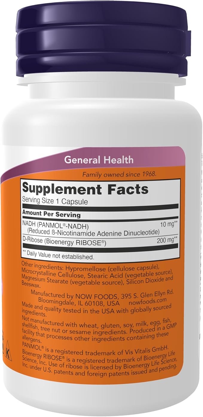 Now Supplements, NADH (Reduced Nicotinamide Adenine Dinucleotide) 10 mg with 200 mg D-Ribose, 60 Veg Capsules, (Pack of 2)