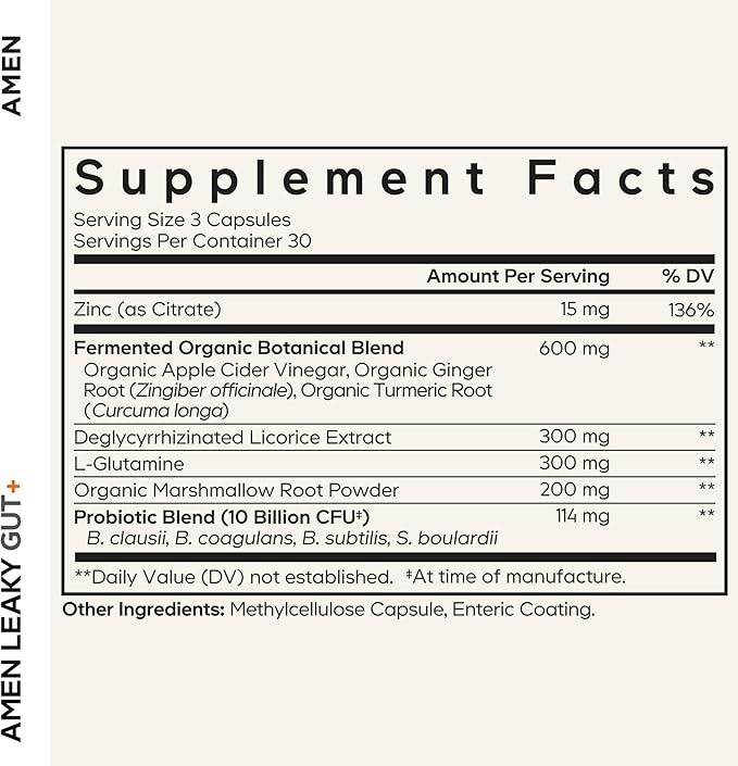 Amen Leaky Gut Supplement - Advanced Formula with Bioavailable L Glutamine, Zinc, Turmeric, DGL Licorice Root - Marshmallow Root - Probiotics & Fermented Prebiotics - Vegan, Non-GMO - 2-Pack