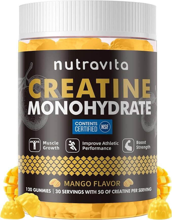 Nutravita Creatine Monohydrate Gummies for Men & Women-5g of Creatine Monohydrate per Serving - Sugar Free,Vegan, Mango Flavor, 120 Count