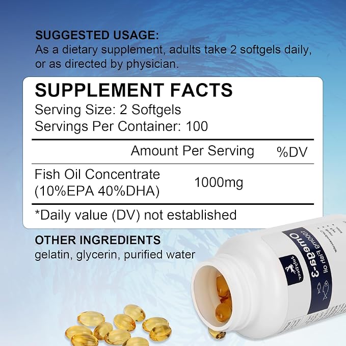 2 Bottles of Omega 3 Fish Oil Concentrate Supplement 1000 mg, with EPA and DHA, Support Heart, Joint, Brain, and Eye Health, 400 Softgels