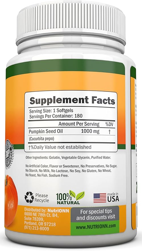Pumpkin Seed Oil - 1000MG - 180 Softgels - Cold-Pressed Natural Pumpkin Seed Oil - Natural Source of Essential Fatty Acids - Great for Hair Growth, Prostate Health and GI Tract