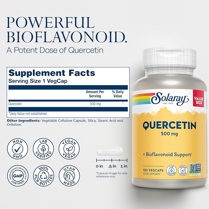 SOLARAY Quercetin 500mg Capsules - Antioxidants Supplement - Bioflavonoid and Antioxidant Support for Overall Health and Wellness - Non-GMO, Vegan, Lab Verified, 60-Day Guarantee, 180 Servings