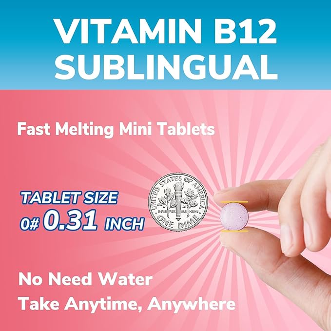 Vitalibre Vitamin B12 Sublingual 5000 mcg, Methylcobalamin, Bioactive Form, High Absorption, Vegan, Nerve, Energy, Immune, Mood Support, Natural Peach Flavor, 90 Fast Dissolve Mini Tablets, No Sugar