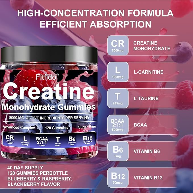 Creatine Monohydrate Gummies Complex 5000mg for Men and Women, Containing L-carnitine & Taurine, Build Muscle, Boost Energy, Faster Recovery, Sugar Free & Vegan, Raspberry & Blackberry, 120 Count