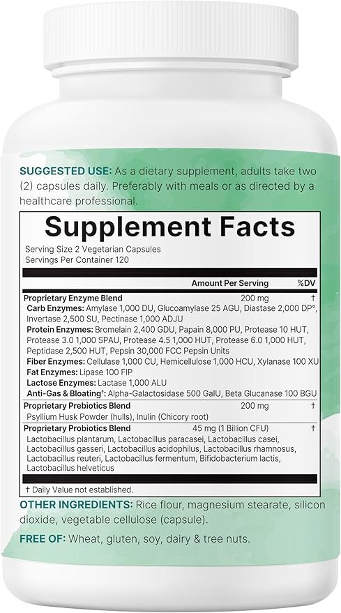 Super Enzymes with Prebiotics & Probiotics, 240 Veggie Capsules | High Potency Digestive Enzymes For Women & Men | Probiotic, Bromelain, Psyllium Husk & More | Immune & Gut Health Support