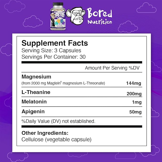 M3A Sleep Support - Magtein, Apigenin Melatonin with L-Theanine - 90 Capsules - 2 Pack - Premium 4-in-1 Non-Habit Forming Natural Sleep Aid - Restful Nights and Refreshing Mornings by Bored Nutrition