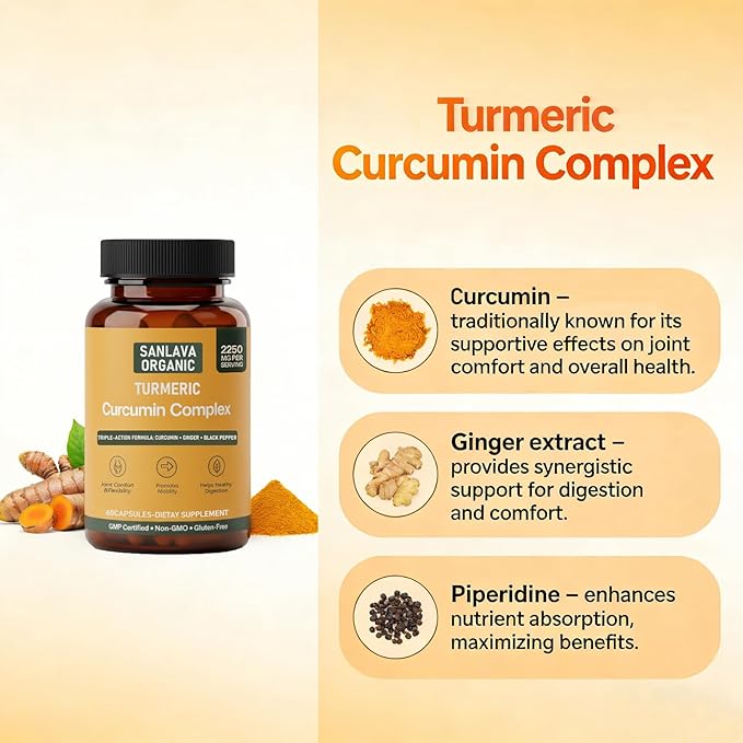 Turmeric 3 in 1 Complex with Curcumin, Ginger &Black Pepper Extract | 2250mg per Serving | 60 Capsules