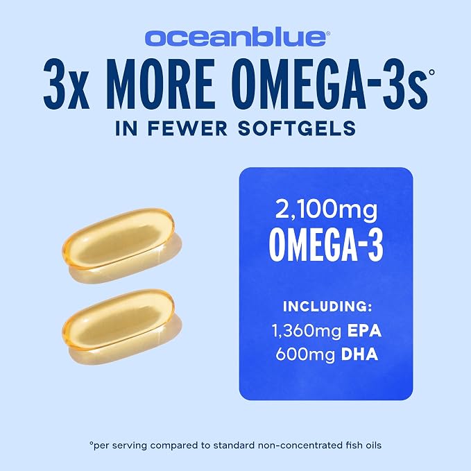 Oceanblue Professional Omega-3 2100mg Fish Oil Supplement Triple Strength, High Potency EPA, DHA & DPA Burpless, Wild-Caught, Natural Orange Flavor 120 Count Softgels (Pack of 2)
