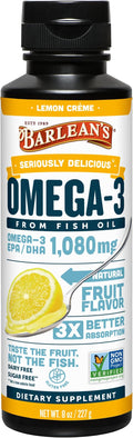 Barlean's Omega 3 Fish Oil Liquid Supplement for Men and Women, 1080mg of EPA and DHA Fatty Acid, Promotes Brain & Heart Health - Non-GMO, Lemon Crème, 8 oz